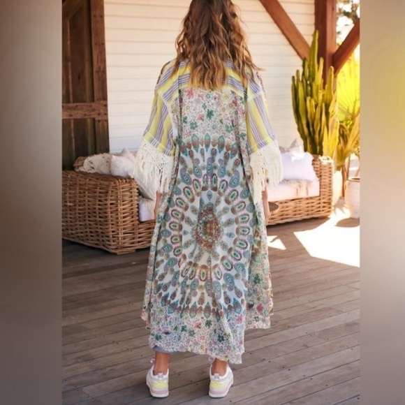 FREE PEOPLE shirt Duster large Watching Waves Maxi Aquamarine Combo NEW - Picture 3 of 15